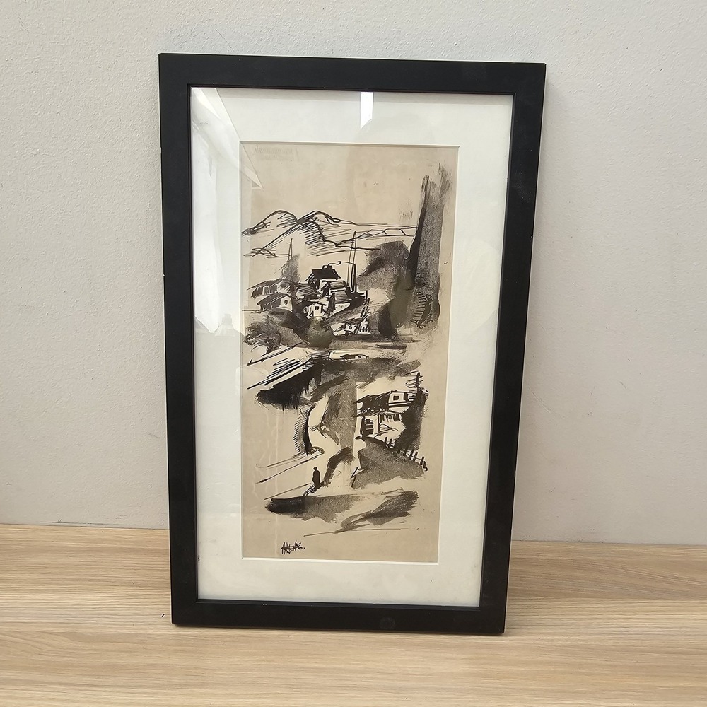 Vintage Abstract Village Landscape Ink Drawing Signed Framed Modern Art ORIGINAL